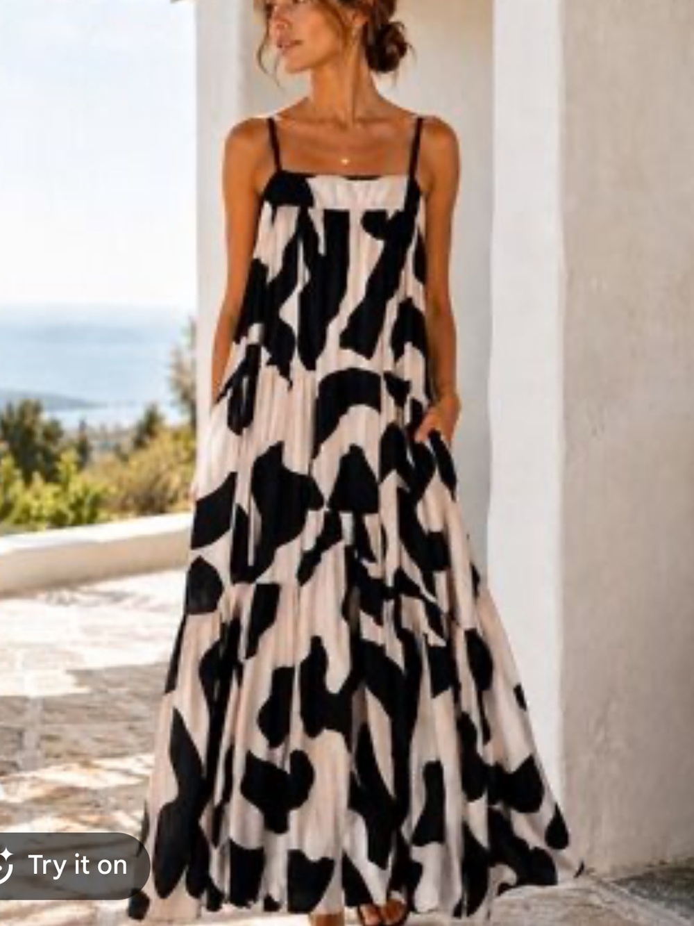 Women’s Black & White Printed Maxi Dress - Sleeveless Casual